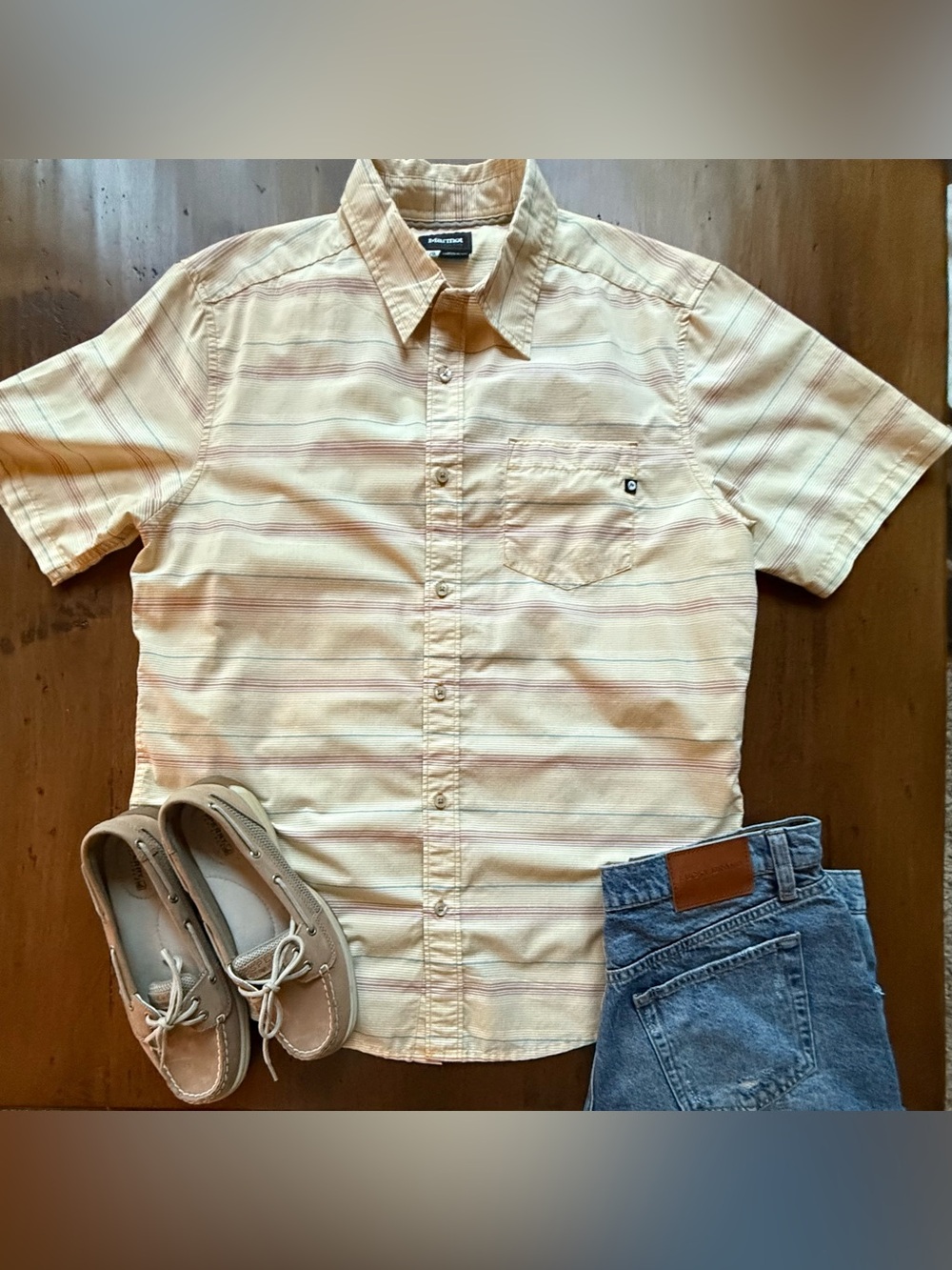 Mountain Adventure Beach Marmot Yellow Short Sleeve Button Up with Stripes
